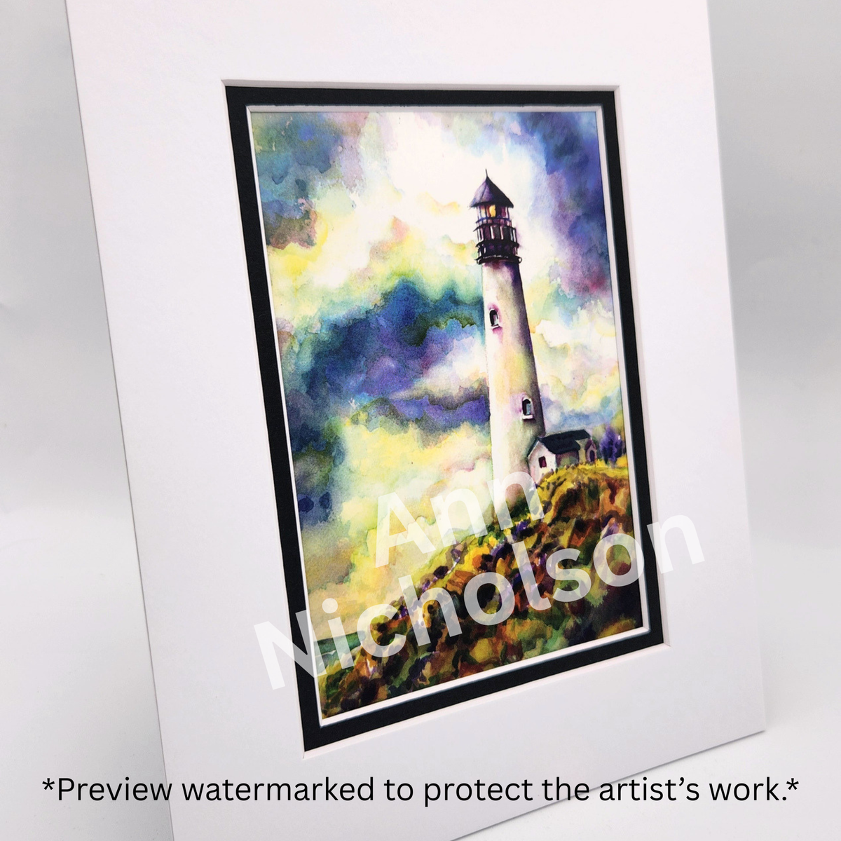 Yaquina Head Lighthouse Watercolor Art Print by Ann Nicholson – 8 x 10"