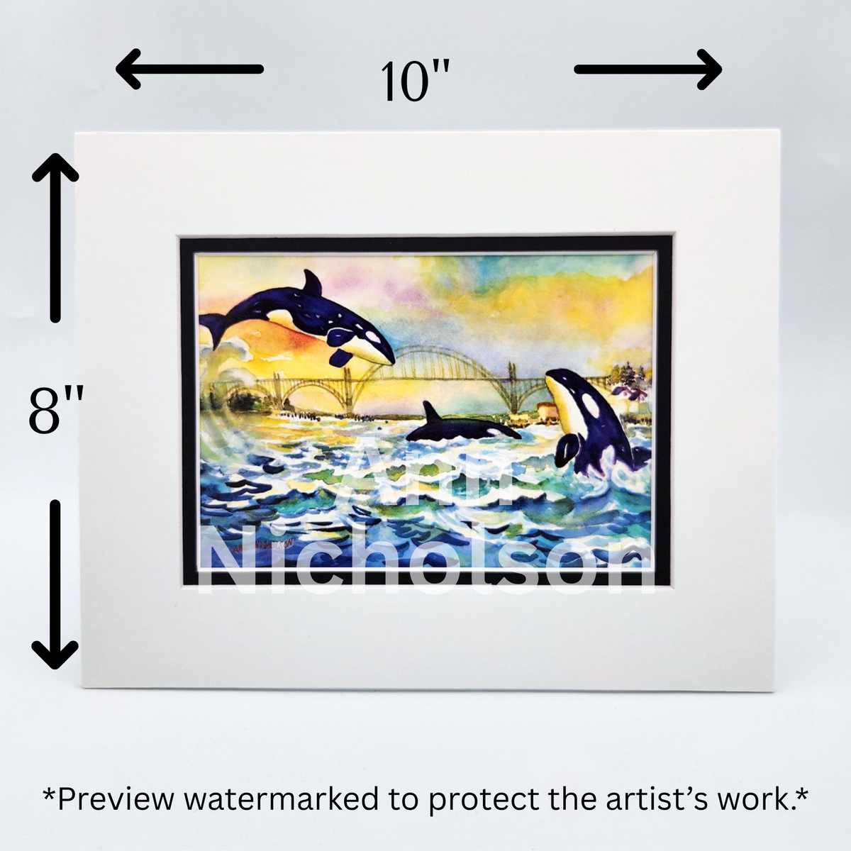 Orcas in Yaquina Bay Watercolor Art Print by Ann Nicholson – 8 x 10"