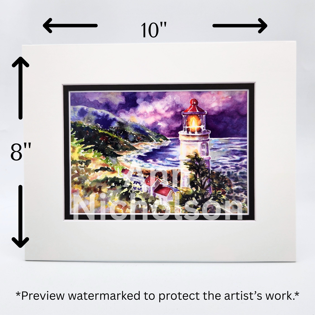 Heceta Head Lighthouse Watercolor Art Print by Ann Nicholson – 8 x 10"