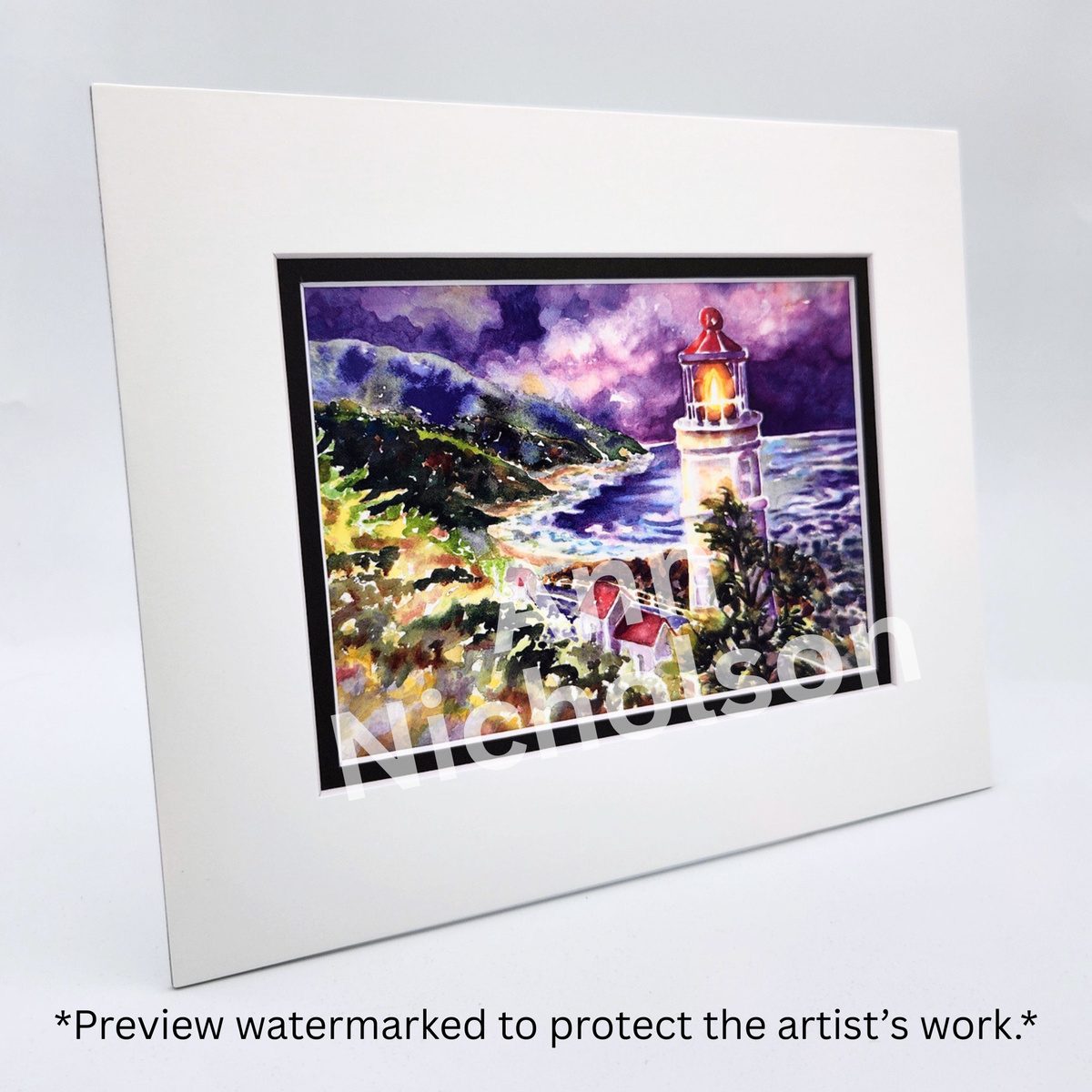 Heceta Head Lighthouse Watercolor Art Print by Ann Nicholson – 8 x 10"